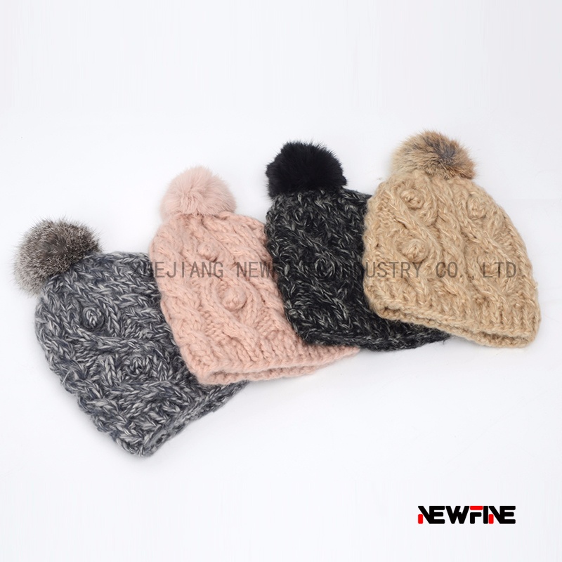 粗針織真兔毛毛球女士舒適可愛帽子
